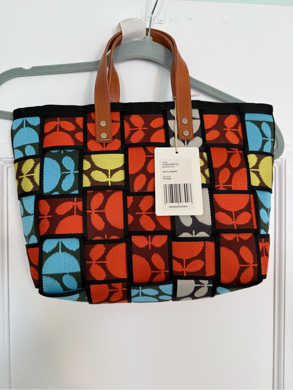Orla Kiely Orange, Blue and yellow Block Pattern Tote with Leather Handles NWT